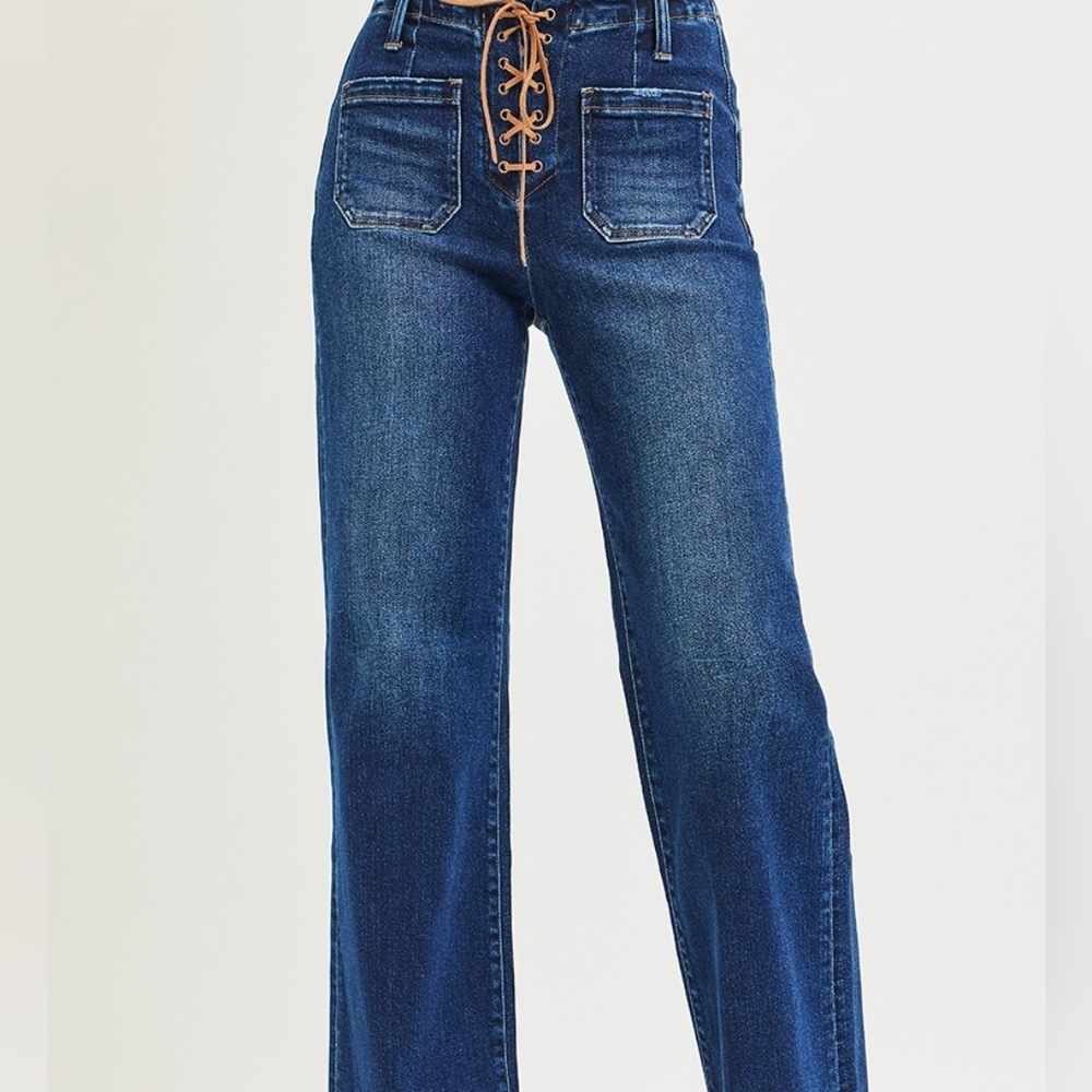 Women's Blue Wide Leg Front Tie Detail Jeans - Picture 8 of 10